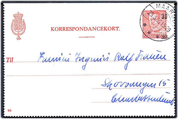 30/25 øre provisorisk helsagskorrespondancekort fra Maarsø d. 29.3.1955 til Charlottenlund.