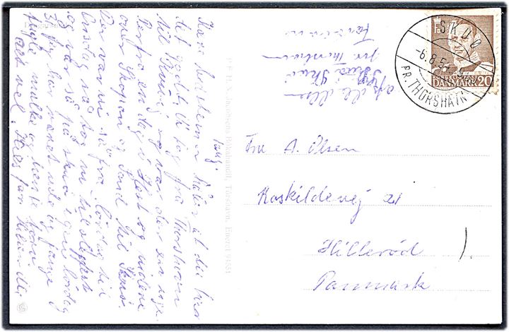 20 øre Fr. IX på brevkort (Dragarsund) annulleret med pr.-stempel SKUØ pr. Thorshavn d. 6.8.1954 til Hillerød.