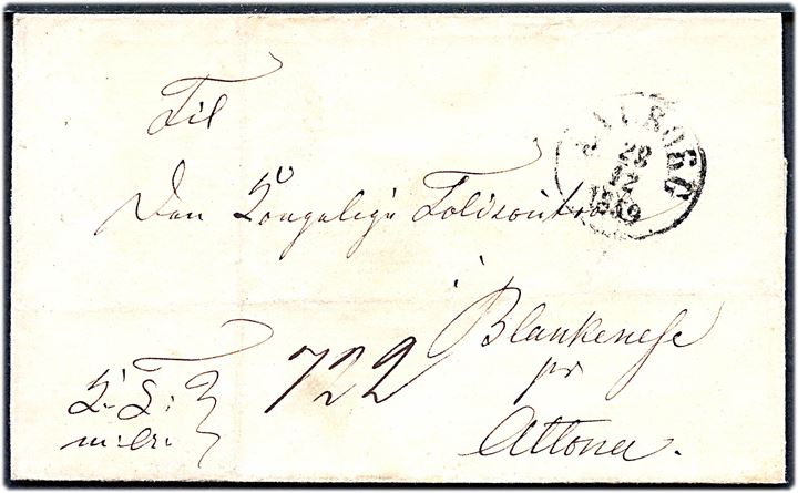 1859. Ufrankeret tjenestebrev mærket K.T.m.A. 722 med antiqua Aalborg d. 28.12.1859 til Blankenese pr. Altona. På bagsiden laksegl fra Aalborg Toldsted No. 1.