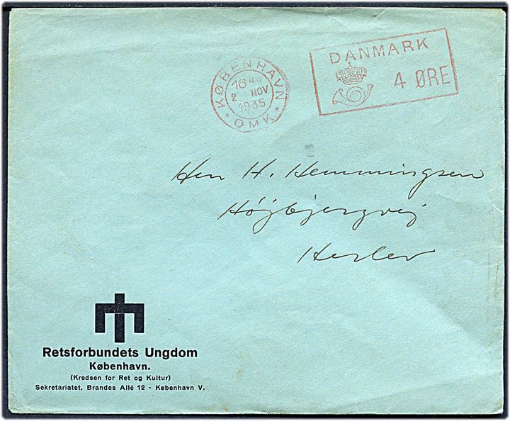 4 øre posthusfranko på tryksag fra Retsforbundets Ungdom i København d. 2.11.1935 til Herlev.