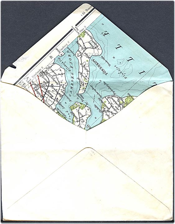 20 øre Chr. X single på brev fra Ivigtut d. 29.7.1947 til København. Kuvert lavet af landkort.