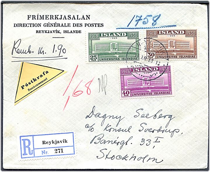 Komplet sæt Uafhængighed 20 år på anbefalet brev med postopkrævning fra Reykjavik d. 15.12.1938 til Stockholm, Sverige.