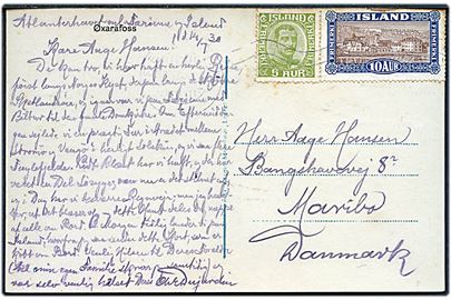 5 aur Chr. X og 10 aur Landskab på brevkort dateret Atlanterhavet mellem Færøerne og Island og annulleret i Reykjavik 1930 til Maribo, Danmark. Lidt rust.