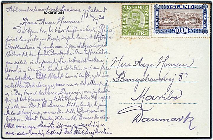 5 aur Chr. X og 10 aur Landskab på brevkort dateret Atlanterhavet mellem Færøerne og Island og annulleret i Reykjavik 1930 til Maribo, Danmark. Lidt rust.