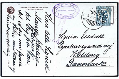 25 pen. Løve på brevkort annulleret med udslebet 3-sproget stempel i Brahestad d. 16.10.1918 til Kolding, Danmark. Finsk 2-sproget borgerkrigscensur.