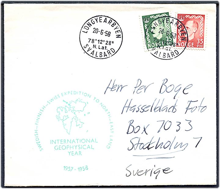 25 øre og 35 øre Haakon på brev stemplet Longyearbyen Svalbard d. 20.6.1958 og sidestemplet Swedish-Finnish-Swiss Expedition to North-East Land til Stockholm, Sverige.