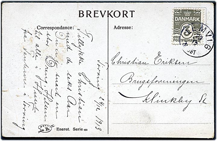 3 øre Bølgelinie på julekort dateret i Tørring d. 24.12.1913 annulleret med lapidar Lemvig d. 23.12.1913 til Klinkby St. Lapidar stempel benyttet som reservestempel i juleperioden - 2 år senere end registreret af Bendix.