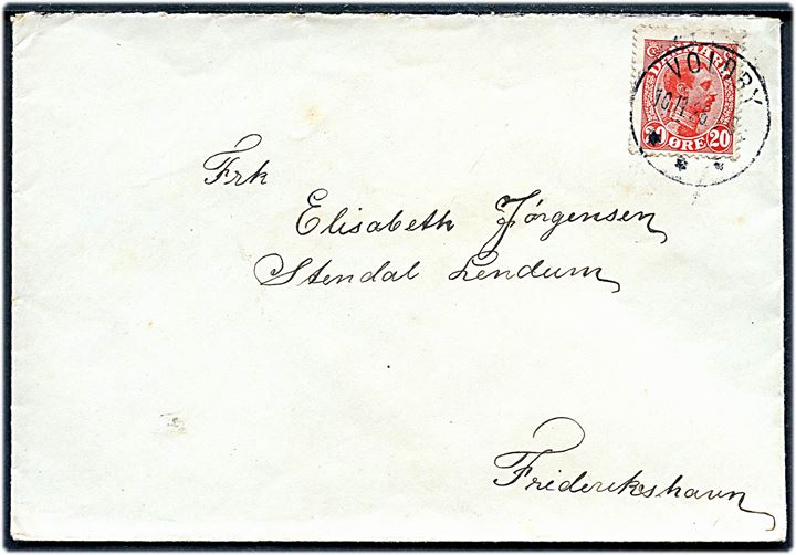 20 øre Chr. X på brev annulleret med brotype IIIb Voldby d. 16.11.1926 til Frederikshavn.