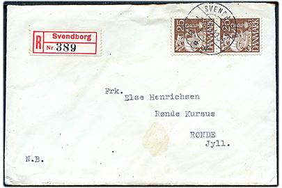 25 øre Karavel i parstykke på anbefalet brev fra Svendborg d. 7.10.1941 til Rønde.