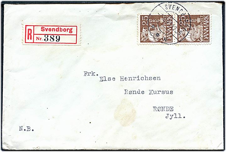 25 øre Karavel i parstykke på anbefalet brev fra Svendborg d. 7.10.1941 til Rønde.