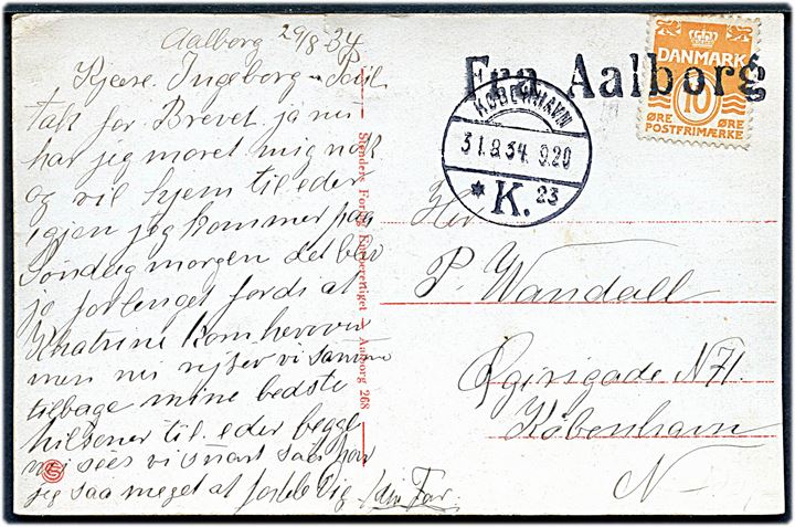 10 øre Bølgelinie på brevkort (Landsretsbygningen i Aalborg) annulleret med skibsstempel Fra Aalborg og sidestemplet København d. 31.8.1934 til København.