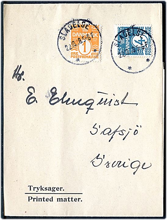 1 øre og 4 øre Bølgelinie på korsbånd sendt som tryksag og annulleret brotype IIIb Slagelse ** d. 22.10.1918 til Safsjö, Sverige.