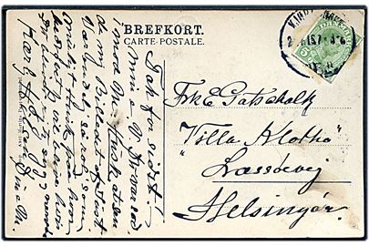 5 øre Chr. X helsagsafklip brugt som frankering på brevkort fra Kjøbenhavn d. 2.?.1915 til Helsingør.
