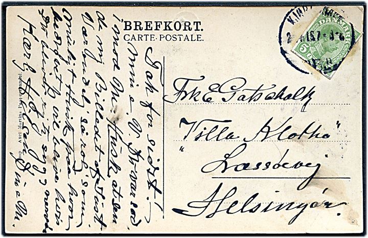 5 øre Chr. X helsagsafklip brugt som frankering på brevkort fra Kjøbenhavn d. 2.?.1915 til Helsingør.