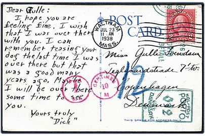 Amerikansk 2 cents Washington på underfrankeret brevkort fra Waltham d. 23.7.1938 til København, Danmark. 12 øre grønt portomaskinstempel fra København.