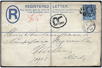 2d Victoria anbefalet helsagskuvert opfrankeret med 2½d Victoria fra Kidderminster d. 18.3.1890 via Birmingham til Milano, Italien.