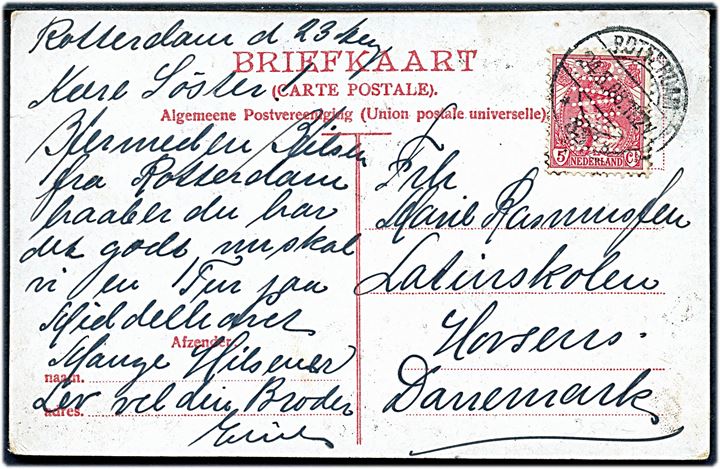 5 c. med perfin FAVC på brevkort fra Rotterdam d. 24.5.1908 til Horsens, Danmark.
