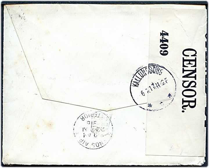 12 c. på brev fra Argentina d. 22.11.1916 til Kalundborg, Danmark. Åbnet af britisk censur no. 4409. Ank.stemplet i Kalundborg 6.1.1917.