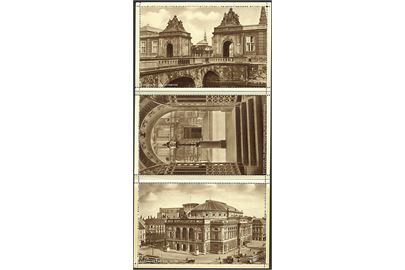 3 fløjet kort med motiver fra Christiansborg Slot og Det Kongelige Teater. I.C.O. no. 670.