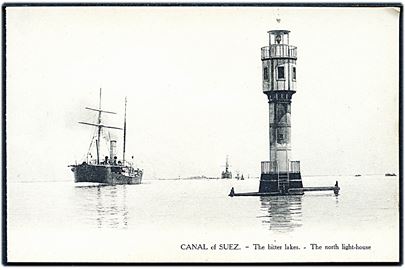 Dampskib i Suez-kanalen - Great Butter Lake med fyrtårn. L. C. no. 377.