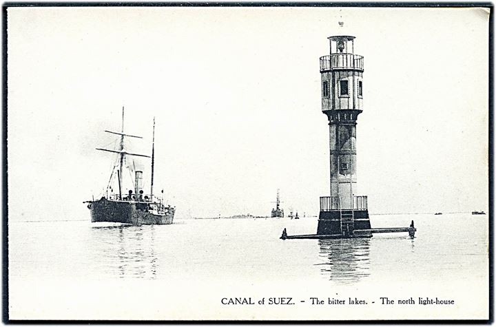 Dampskib i Suez-kanalen - Great Butter Lake med fyrtårn. L. C. no. 377.