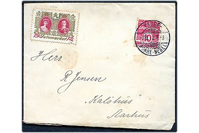 10 øre Bølgelinie på brev med Julemærke 1912 annulleret med smukt bureaustempel Varde - Nørre-Nebel T.8 d. 3.12.1912 til Aarhus.