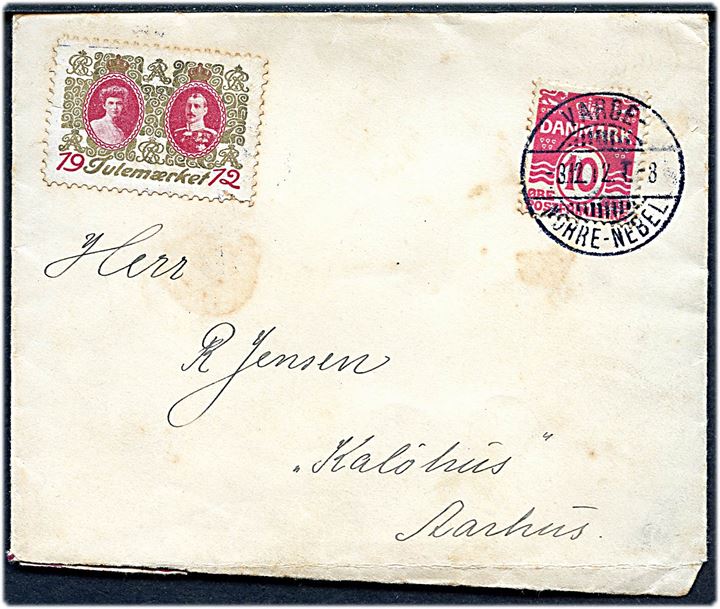 10 øre Bølgelinie på brev med Julemærke 1912 annulleret med smukt bureaustempel Varde - Nørre-Nebel T.8 d. 3.12.1912 til Aarhus.