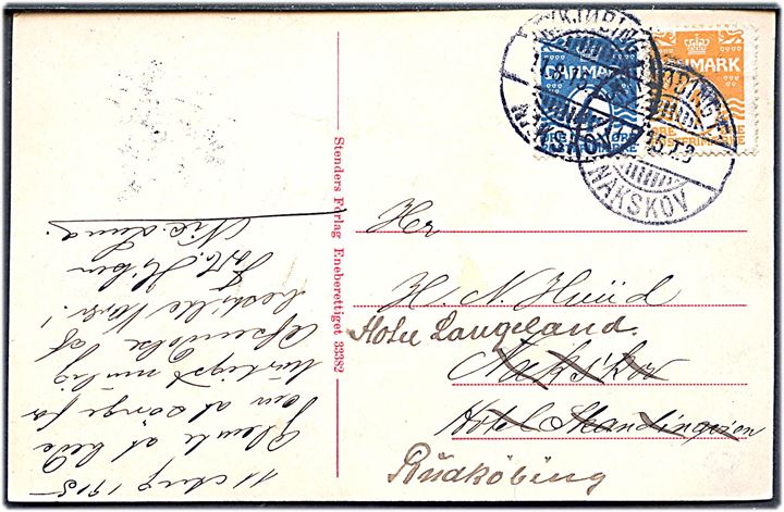 1 øre og 4 øre Bølgelinie på brevkort (Orebygaard pr. Saxkjøbing) annulleret med bureaustempel Nykjøbing F. - Nakskov T.3 d. 11.8.1915 til Nakskov - eftersendt til Rudkjøbing.