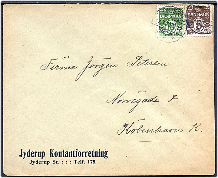 5 øre og 10 øre Bølgelinie på brev annulleret med brotype Ic Jyderup d. 2.9.1929 til København.
