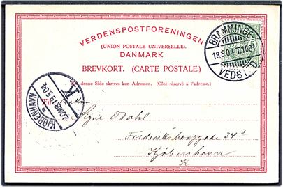 5 øre Våben på brevkort fra Ribe annulleret med bureaustempel Bramminge - Vedsted T.1061 d. 18.5.1904 til København.