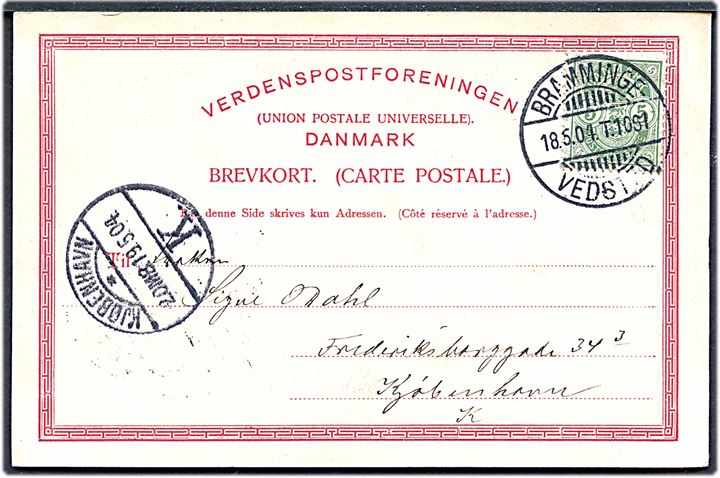 5 øre Våben på brevkort fra Ribe annulleret med bureaustempel Bramminge - Vedsted T.1061 d. 18.5.1904 til København.