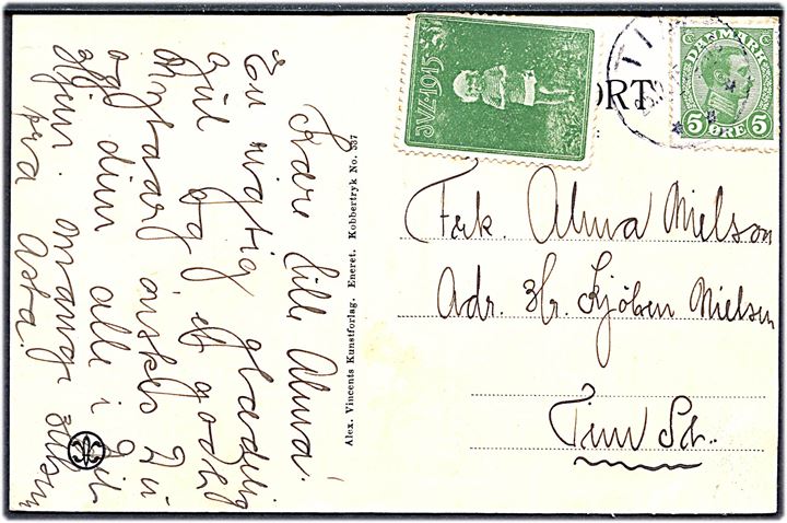 5 øre Chr. X og Julemærke 1915 på brevkort (Vesterhavsfiskere) annulleret med brotype IIIb Tim d. 25.12.1915 til Tim.