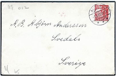 20 øre Karavel på brev fra Auning d. 1.8.1942 til Svedala, Sverige. Åbnet af dansk censur med stempel Forsinket paa Grund af manglende Afsenderangivelse.
