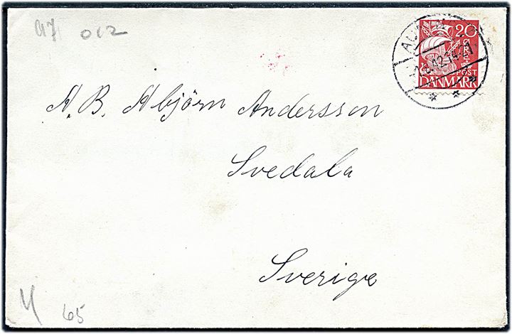 20 øre Karavel på brev fra Auning d. 1.8.1942 til Svedala, Sverige. Åbnet af dansk censur med stempel Forsinket paa Grund af manglende Afsenderangivelse.