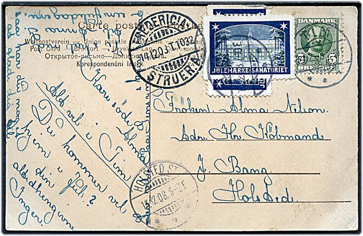 5 øre Fr. VIII og Julemærke 1908 på brevkort fra Tim d. 14.12.1908 via bureau Fredericia - Struer.A. T.1032 d. 14.12.1908 til Holsted. Ank.stemplet Holsted St. d. 15.12.1908.