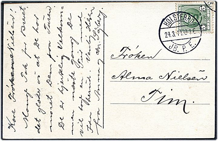 5 øre Fr. VIII på brevkort annulleret med brotype IIa Holstebro JB.P.E. d. 24.3.1911 til Tim.