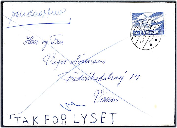 60 øre SAS Jubilæum på fluorescerenede papir single på søndagsbrev fra Århus C d. 5.1.1963 (lørdag) til Virum. Korrekt porto: Landsporto 30 øre (1.7.1952-14.4.1963) + søndagstillæg (1.7.1952-14.4.1963) = 60 øre. Sjælden forsendelse.