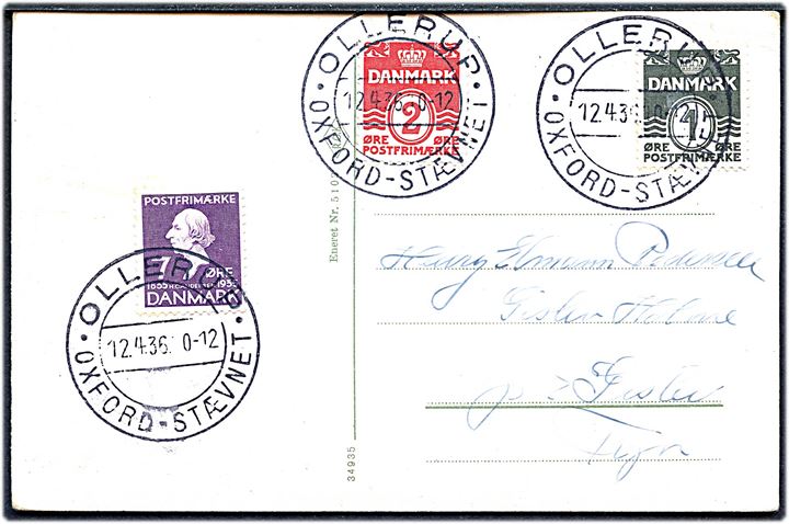 1 øre, 2 øre Bølgelinie og 7 øre H. C. Andersen på brevkort annulleret med særstempel Ollerup * Oxford-Stævnet * d. 12.4.1936 til Gislev. På bagsiden mærkat: Oxford Ollerup Paasken 1936.