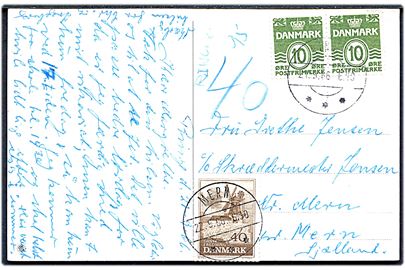 10 øre Bølgelinie i parstykke på underfrankeret brevkort (Weekendhuset, Ringe) fra Ringe d. 21.9.1966 til Mern. Udtakseret i porto med 40 øre Fredning benyttet som portomærke og annulleret Mern d. 27.9.1966.
