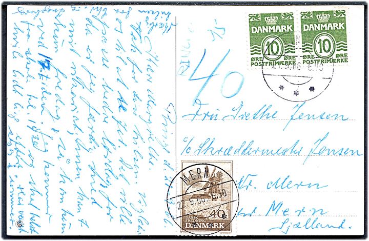 10 øre Bølgelinie i parstykke på underfrankeret brevkort (Weekendhuset, Ringe) fra Ringe d. 21.9.1966 til Mern. Udtakseret i porto med 40 øre Fredning benyttet som portomærke og annulleret Mern d. 27.9.1966.