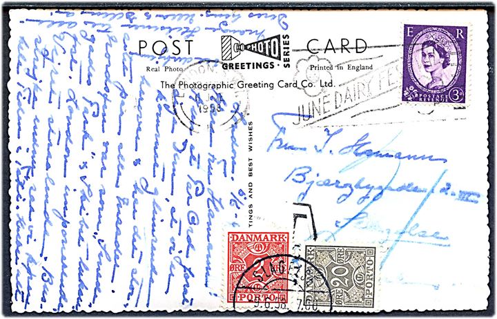 Engelsk 3d Elizabeth på underfrankeret brevkort fra London d. 6.6.1958 til Slagelse, Danmark. Udtakseret i porto med 2 øre og 20 øre Portomærke stemplet Slagelse d. 9.6.1958.