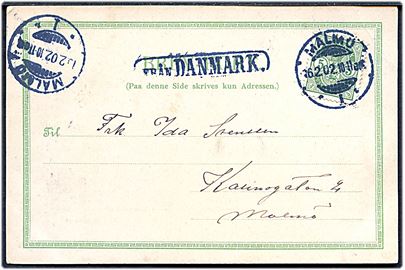 5 øre Våben på brevkort (København, Botanisk Have) annulleret med svensk stempel i Malmö d. 16.2.1902 og sidestemplet Från Danmark til Malmö, Sverige.
