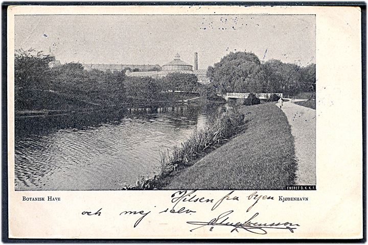 5 øre Våben på brevkort (København, Botanisk Have) annulleret med svensk stempel i Malmö d. 16.2.1902 og sidestemplet Från Danmark til Malmö, Sverige.