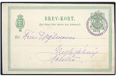 5 øre Våben helsagsbrevkort (Harald Slott-Møller Atlas) annulleret med særstempel Velgjørenhedsbazaren i Kjøbenhavn d. 9.4.1901 til Nykøbing F.
