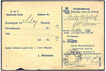6 øre Bølgelinie på tryksag fra Højby S. d.- 22.5.1944 til Yderby pr. Nykøbing S. På bagsiden postkvittering for indbetaling med udslebet stjernestempel SJÆLLANDS ODDE som kvitteringsstempel.