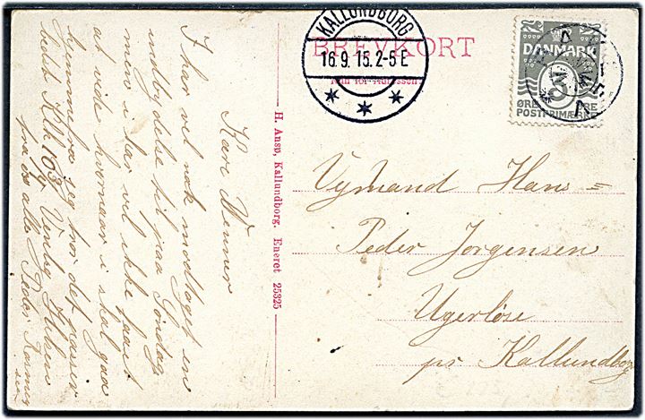 3 øre Bølgelinie på lokalt brevkort (Parti fra Raklev) annulleret med stjernestempel REKLEV og sidestemplet Kallundborg d. 16.9.1915 til Ugerløse pr. Kallundborg.