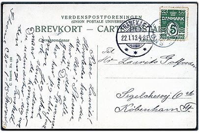 5 øre Bølgelinie (defekt) på brevkort annulleret med stjernestempel STORE SNØDE (type II) og sidestemplet Tranekjær d. 22.1.1913 til København.