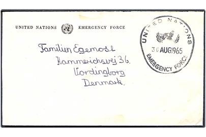 Ufrankeret fortrykt kuvert stemplet United Nations Emergency Force d. 30.8.1965 til Vordingborg, Danmark. Fra dansk FN-soldat ved Sig. Del. Hq. Coy Hill 88, Danor Bn, UNEF i Gaza.