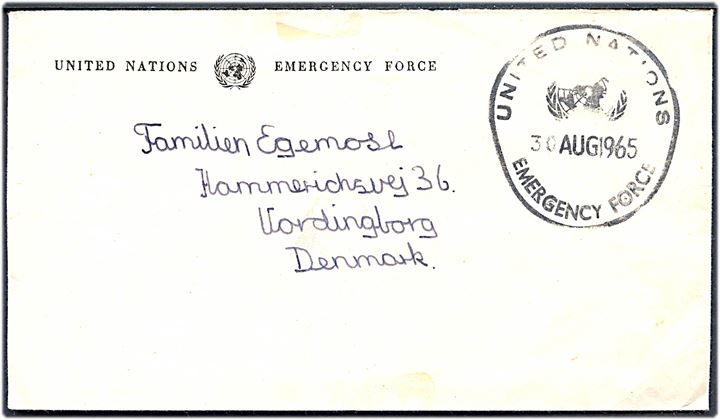 Ufrankeret fortrykt kuvert stemplet United Nations Emergency Force d. 30.8.1965 til Vordingborg, Danmark. Fra dansk FN-soldat ved Sig. Del. Hq. Coy Hill 88, Danor Bn, UNEF i Gaza.