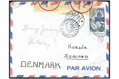 30 fr. på luftpostbrev fra Paris d. 6.12.1954 til Korsør, Danmark. Lukket med fortrykt etiket Lukket af Postvæsenet J.30 (6-51) i parstykke.